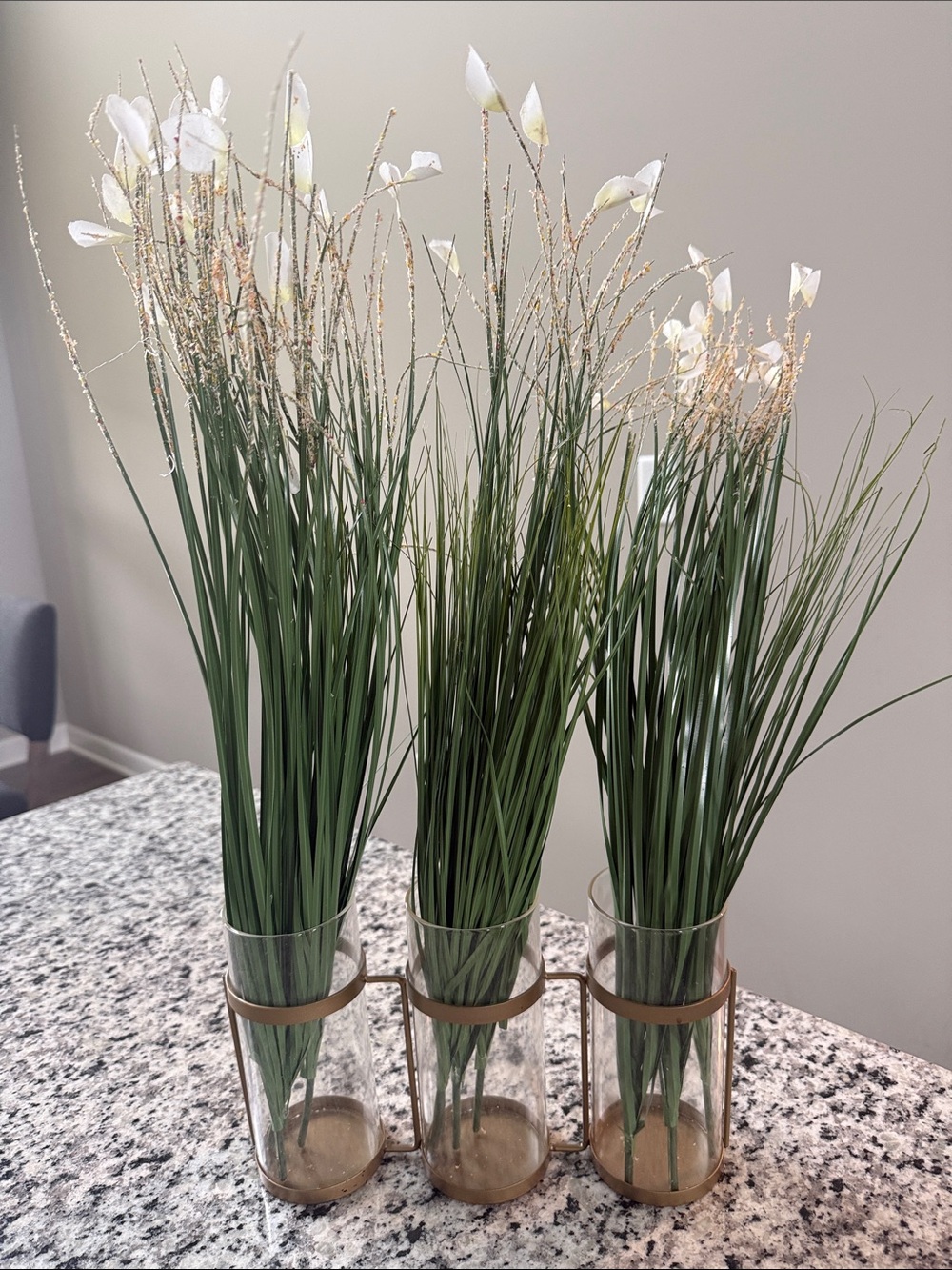 Artificial White Flower and Green Grass Trio in Clear Glass Vases